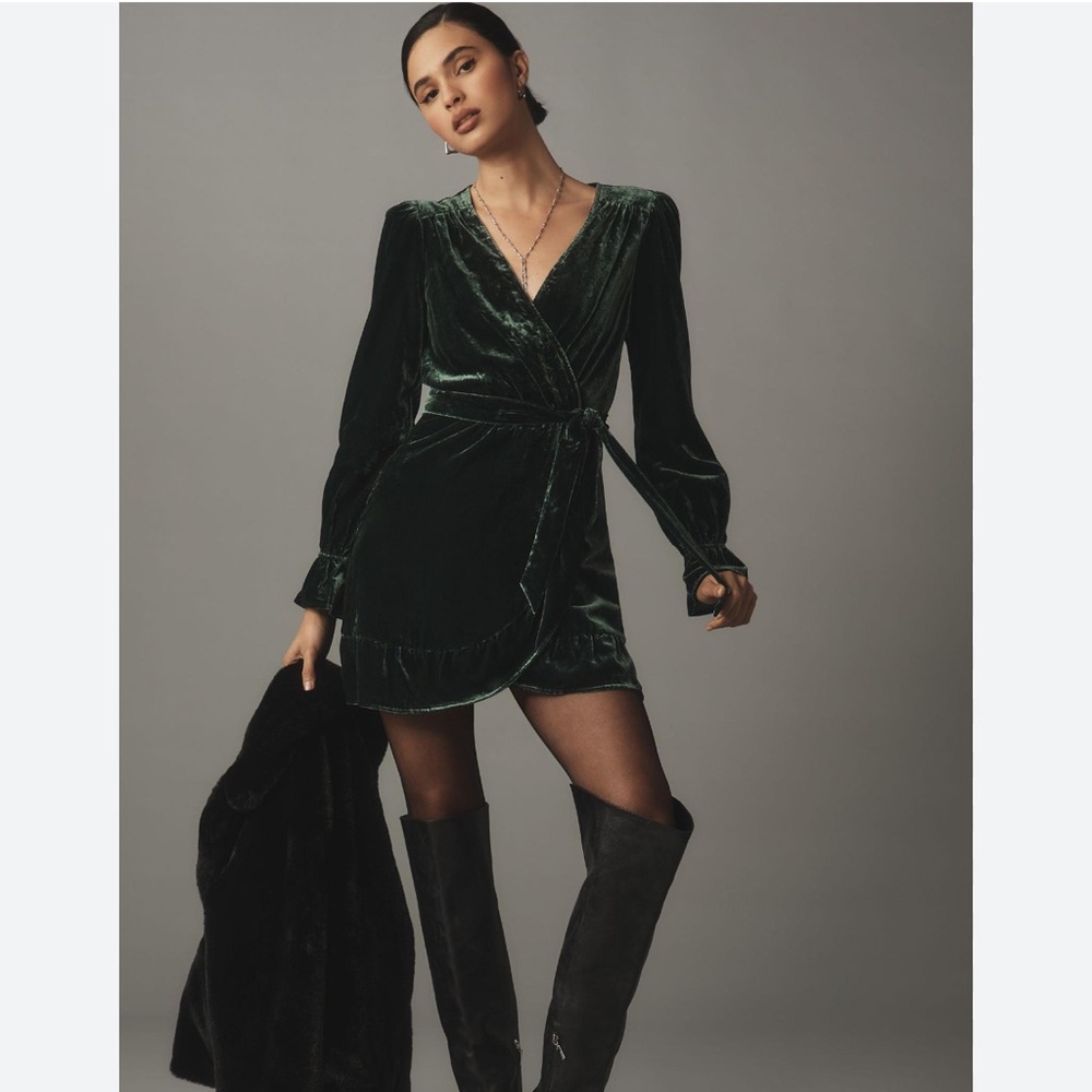 NWT PAIGE Emerald Green Velvet Wrap Mini Dress